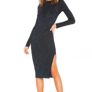 Superdown Long Sleeve Ribbed Midi Dress | Blue Metallic| Size M | Bodycon | NWT